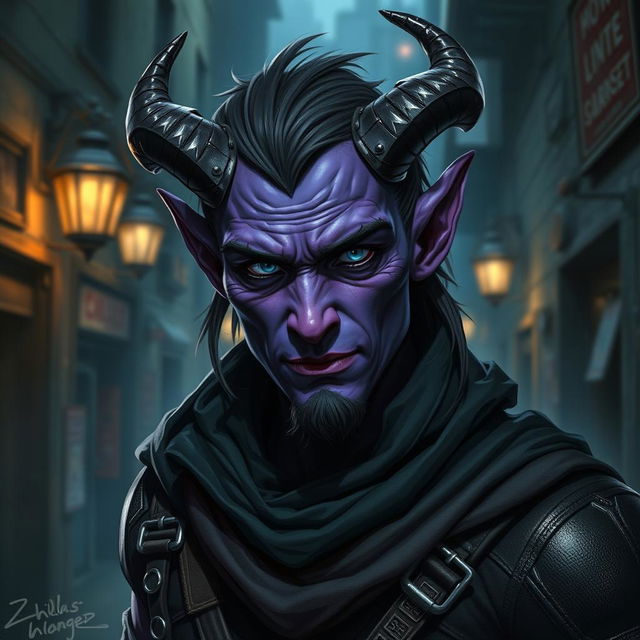 A 25-year-old male tiefling thief with striking purple skin, embodying an air of cunning and adventure