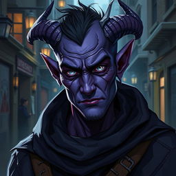 A 25-year-old male tiefling thief with striking purple skin, embodying an air of cunning and adventure