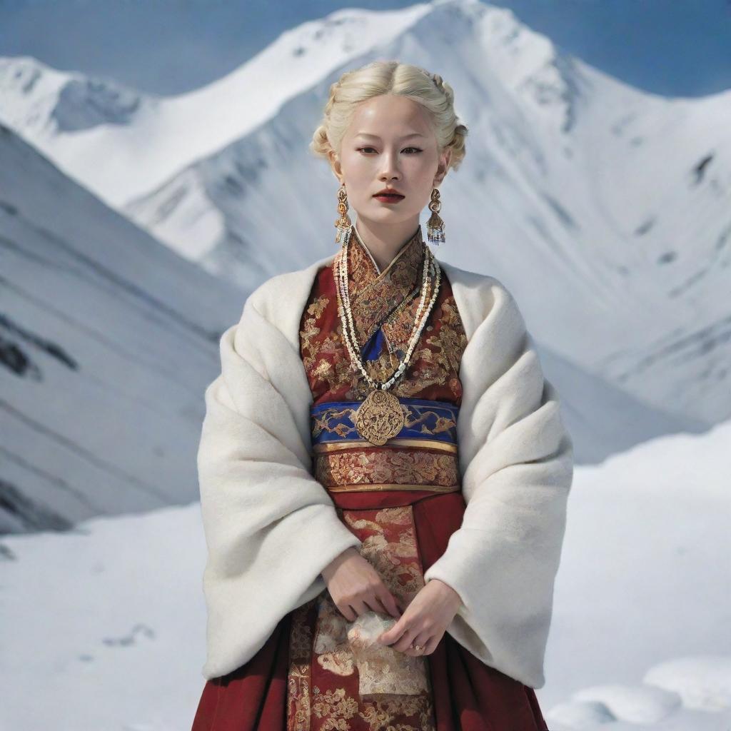 An albino Tibetan lady elegantly dressed in traditional Tibetan clothes, posing in a majestic snowy landscape. The Vogue magazine logo subtly incorporated.