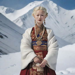 An albino Tibetan lady elegantly dressed in traditional Tibetan clothes, posing in a majestic snowy landscape. The Vogue magazine logo subtly incorporated.