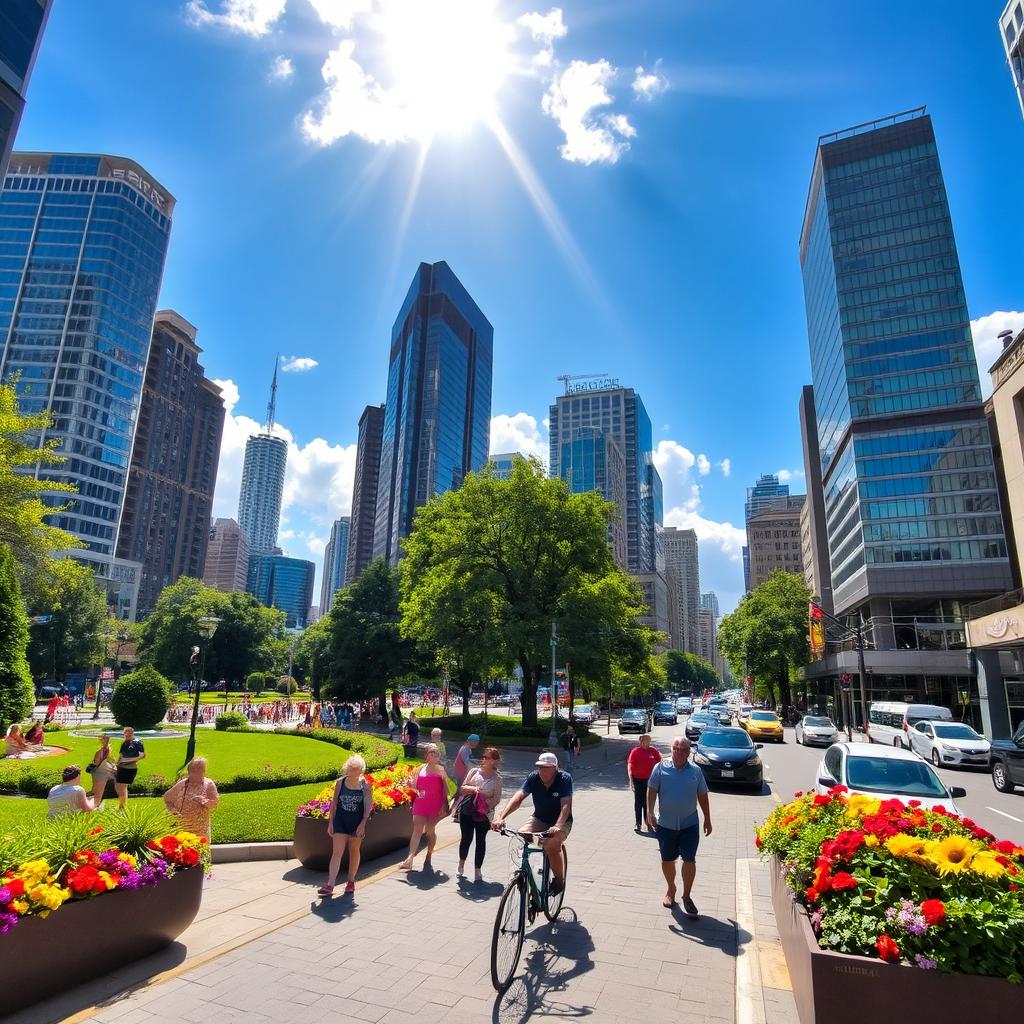 A vibrant city scene on a sunny day, showcasing modern skyscrapers basking in the sunshine, filled with lush green parks and people enjoying outdoor activities