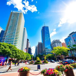 A vibrant city scene on a sunny day, showcasing modern skyscrapers basking in the sunshine, filled with lush green parks and people enjoying outdoor activities