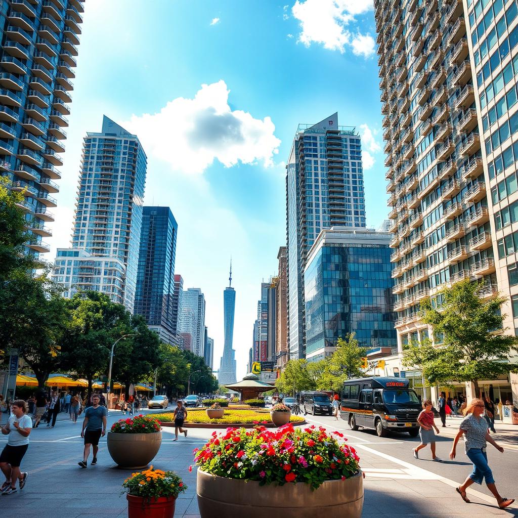 A vibrant city scene on a sunny day, showcasing modern skyscrapers basking in the sunshine, filled with lush green parks and people enjoying outdoor activities