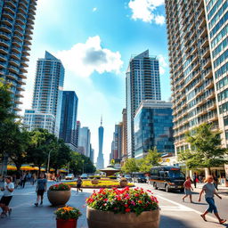 A vibrant city scene on a sunny day, showcasing modern skyscrapers basking in the sunshine, filled with lush green parks and people enjoying outdoor activities