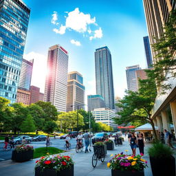 A vibrant city scene on a sunny day, showcasing modern skyscrapers basking in the sunshine, filled with lush green parks and people enjoying outdoor activities