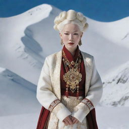 An albino Tibetan lady elegantly dressed in traditional Tibetan clothes, posing in a majestic snowy landscape. The Vogue magazine logo subtly incorporated.