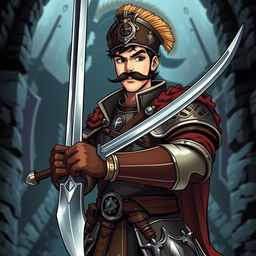 A charming 19th century Polish hussar with a broad smile and a stylish mustache, wielding a long curved saber