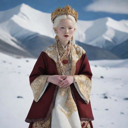 An albino Tibetan lady elegantly dressed in traditional Tibetan clothes, posing in a majestic snowy landscape. The Vogue magazine logo subtly incorporated.