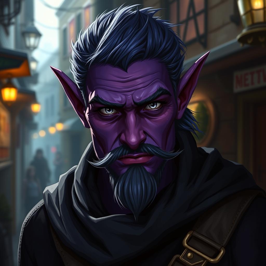 A 25-year-old male tiefling thief with vibrant purple skin, showcasing an air of charisma and mischief