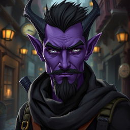 A 25-year-old male tiefling thief with vibrant purple skin, showcasing an air of charisma and mischief