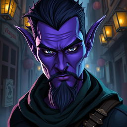 A 25-year-old male tiefling thief with vibrant purple skin, showcasing an air of charisma and mischief