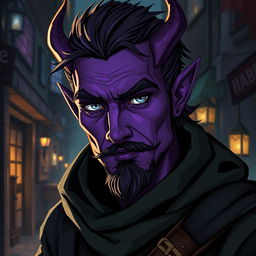 A 25-year-old male tiefling thief with vibrant purple skin, showcasing an air of charisma and mischief