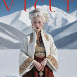 An albino Tibetan lady elegantly dressed in traditional Tibetan clothes, posing in a majestic snowy landscape. The Vogue magazine logo subtly incorporated.