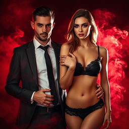 A stunningly beautiful scene featuring a man in a sharp suit and tie gently touching the arm of an equally striking woman wearing black lingerie