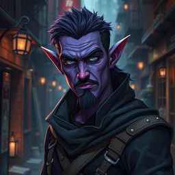 A 25-year-old male tiefling thief with vibrant purple skin, exuding charisma and mischief