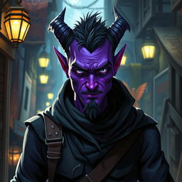 A 25-year-old male tiefling thief with vibrant purple skin, exuding charisma and mischief