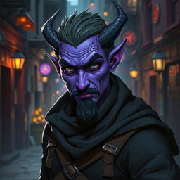 A 25-year-old male tiefling thief with vibrant purple skin, exuding charisma and mischief