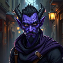 A 25-year-old male tiefling thief with vibrant purple skin, exuding charisma and mischief