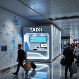 Diseño de un cubículo pequeño empotrado en el muro, destinado a la atención a clientes de una compañía de taxis en un aeropuerto