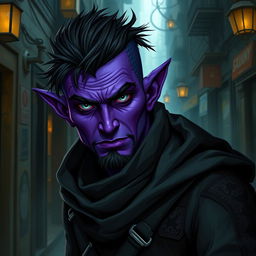 A 25-year-old male tiefling thief with vibrant purple skin, radiating charm and mischief