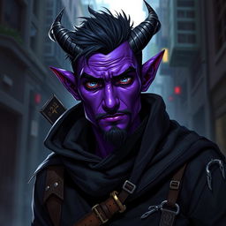 A 25-year-old male tiefling thief with vibrant purple skin, radiating charm and mischief