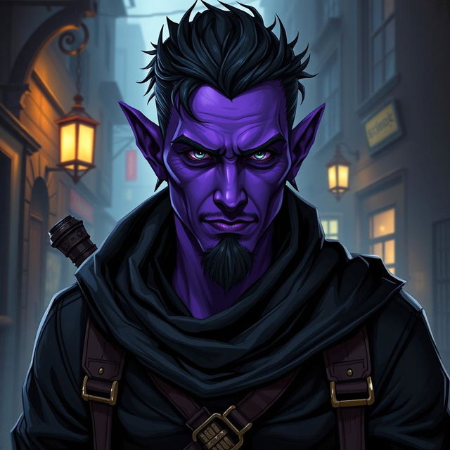 A 25-year-old male tiefling thief with vibrant purple skin, radiating charm and mischief