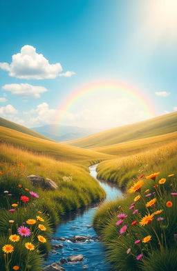 A serene landscape depicting a sunny day with gently rolling hills and a few fluffy clouds