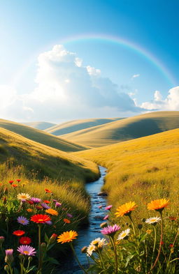 A serene landscape depicting a sunny day with gently rolling hills and a few fluffy clouds