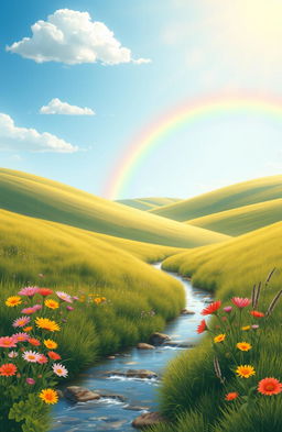 A serene landscape depicting a sunny day with gently rolling hills and a few fluffy clouds