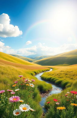 A serene landscape depicting a sunny day with gently rolling hills and a few fluffy clouds