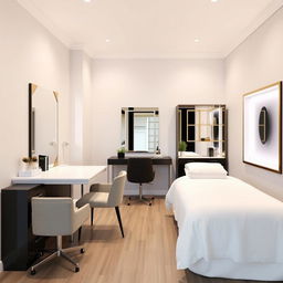 An updated beauty studio design in a cozy 4 meter by 4 meter space, featuring three distinct workstations: a nail station with a sleek table, a makeup area with a large mirror, and an eyelash extension station with proper lighting