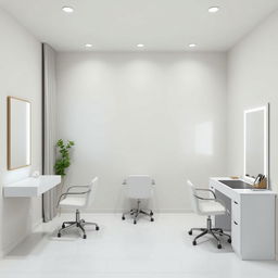 An updated beauty studio design in a cozy 4 meter by 4 meter space, featuring three distinct workstations: a nail station with a sleek table, a makeup area with a large mirror, and an eyelash extension station with proper lighting