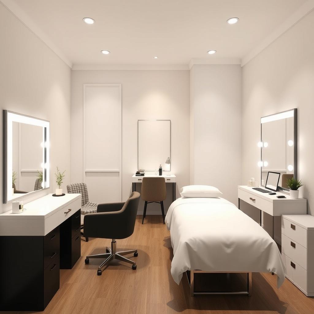 An updated beauty studio design in a cozy 4 meter by 4 meter space, featuring three distinct workstations: a nail station with a sleek table, a makeup area with a large mirror, and an eyelash extension station with proper lighting