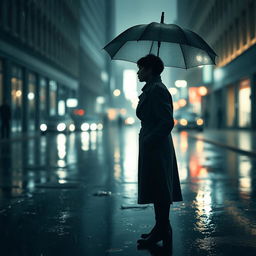 A dramatic scene of a solitary figure standing under an umbrella in the rain