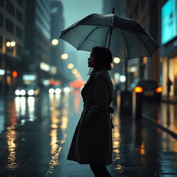 A dramatic scene of a solitary figure standing under an umbrella in the rain