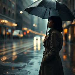 A dramatic scene of a solitary figure standing under an umbrella in the rain