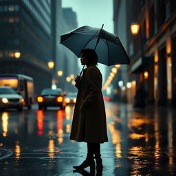 A dramatic scene of a solitary figure standing under an umbrella in the rain