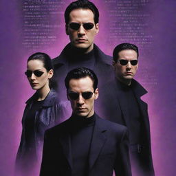 A realistic poster of the movie 'The Matrix', with a vivid purple and pink background. Include iconic characters and symbols from the film.