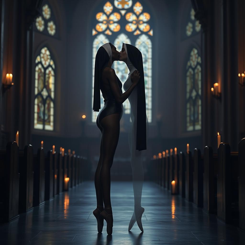 A tall, slim black ballerina with long legs, elegantly posed in a high cut leather leotard, kissing a nun inside a dimly lit church at night