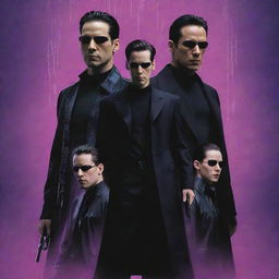 A realistic poster of the movie 'The Matrix', with a vivid purple and pink background. Include iconic characters and symbols from the film.