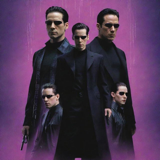 A realistic poster of the movie 'The Matrix', with a vivid purple and pink background. Include iconic characters and symbols from the film.