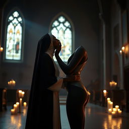 A tall, slim black ballerina with long legs, elegantly posed in a high cut leather leotard, kissing a nun inside a dimly lit church at night