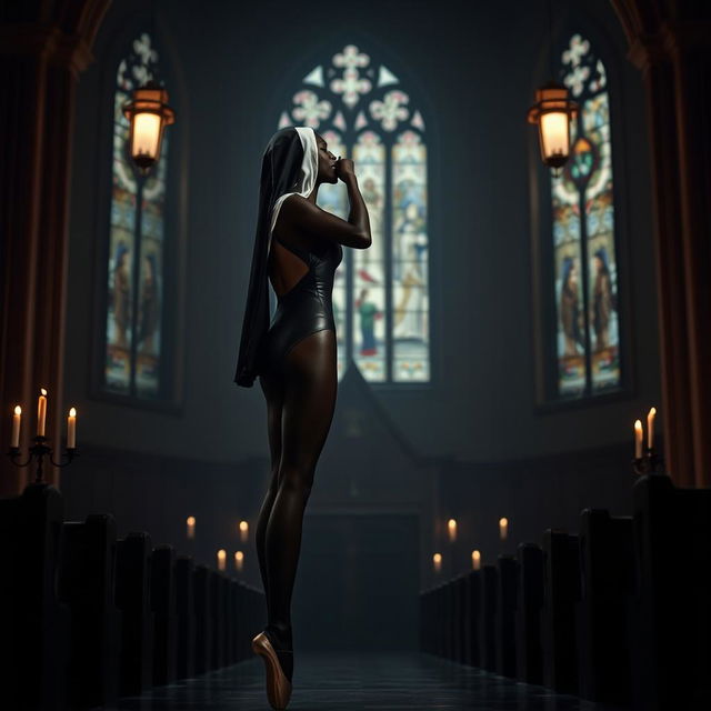 A tall, slim black ballerina with long legs, elegantly posed in a high cut leather leotard, kissing a nun inside a dimly lit church at night