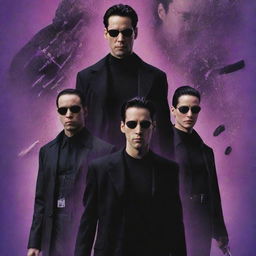 A realistic poster of the movie 'The Matrix', with a vivid purple and pink background. Include iconic characters and symbols from the film.