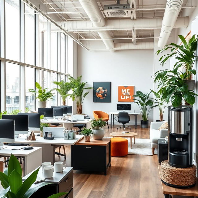 A modern office interior featuring an open workspace layout with sleek and contemporary furniture