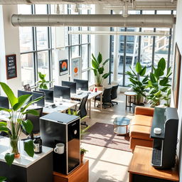 A modern office interior featuring an open workspace layout with sleek and contemporary furniture