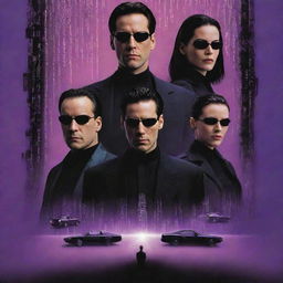 A realistic poster of the movie 'The Matrix', with a vivid purple and pink background. Include iconic characters and symbols from the film.