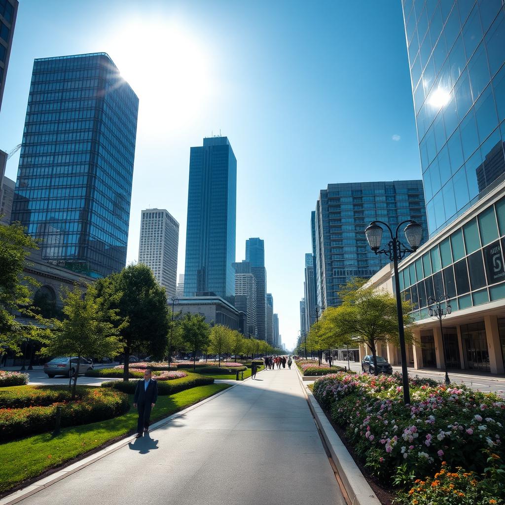 A serene and quiet city scene on a sunny day, where modern skyscrapers reflect the bright sunlight against a clear blue sky