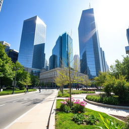 A serene and quiet city scene on a sunny day, where modern skyscrapers reflect the bright sunlight against a clear blue sky