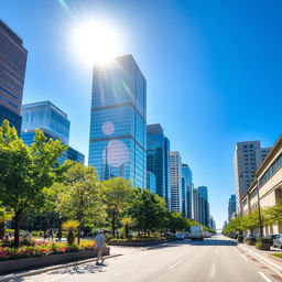 A serene and quiet city scene on a sunny day, where modern skyscrapers reflect the bright sunlight against a clear blue sky